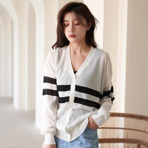 条纹冰丝针织开衫女夏季新款外搭薄款披肩上衣亚麻防晒衣空调外套 商品图2