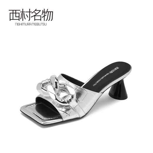 西村名物夏季新款石头纹方头大粗链酒杯跟中跟拖鞋露趾凉拖23771 商品图1