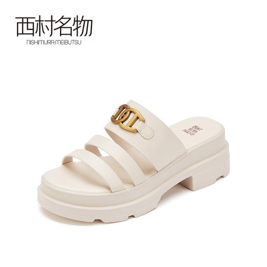 西村名物真皮女鞋21夏露趾一字带凉拖鞋防水台松糕鞋沙滩鞋23851 商品图1