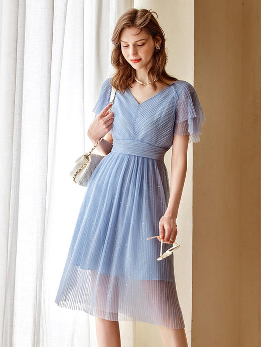 欧芮儿V领网纱连衣裙2021新款收腰显瘦优雅气质时髦超仙裙子 商品图0