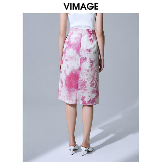 VIMAGE纬漫纪时尚复古油墨印花包臀开叉中长款半身裙女裙V1506121 商品图3