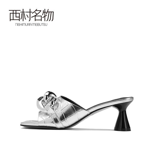 西村名物夏季新款石头纹方头大粗链酒杯跟中跟拖鞋露趾凉拖23771 商品图2