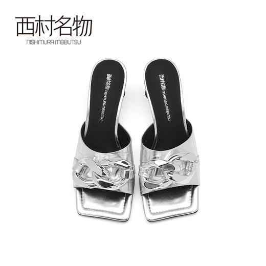 西村名物夏季新款石头纹方头大粗链酒杯跟中跟拖鞋露趾凉拖23771 商品图3