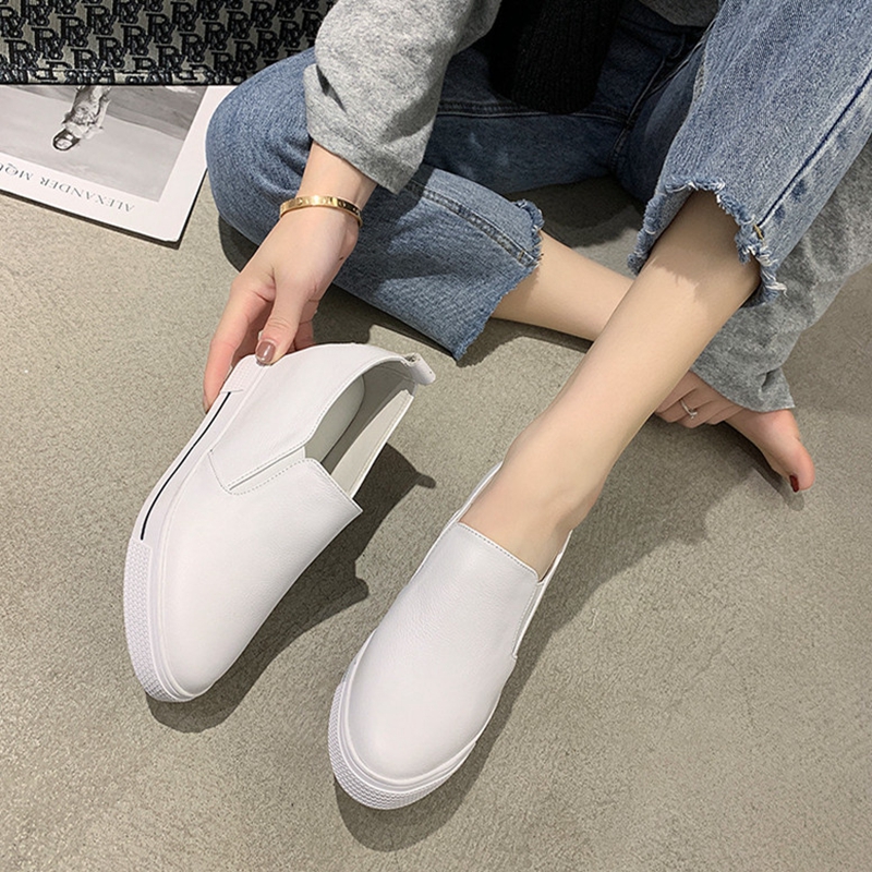 头层牛皮圆头低帮坡跟内增高厚底小白鞋