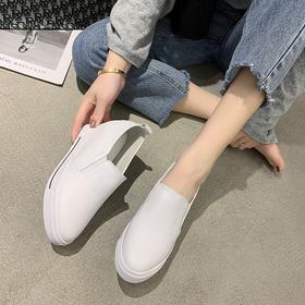 头层牛皮圆头低帮坡跟内增高厚底小白鞋