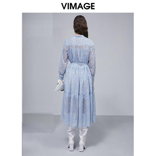 VIMAGE纬漫纪女装春夏季系带雪纺高腰显瘦气质连衣裙长款薄V1507149 商品图3