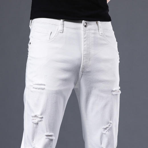 【服饰鞋包】*dood夏季薄款修身小脚白色休闲弹力破洞牛仔裤 商品图2