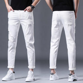 【服饰鞋包】*dood夏季薄款修身小脚白色休闲弹力破洞牛仔裤