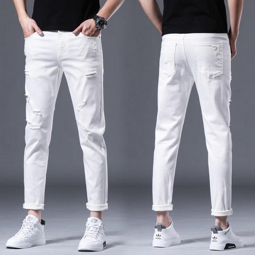 【服饰鞋包】*dood夏季薄款修身小脚白色休闲弹力破洞牛仔裤 商品图0