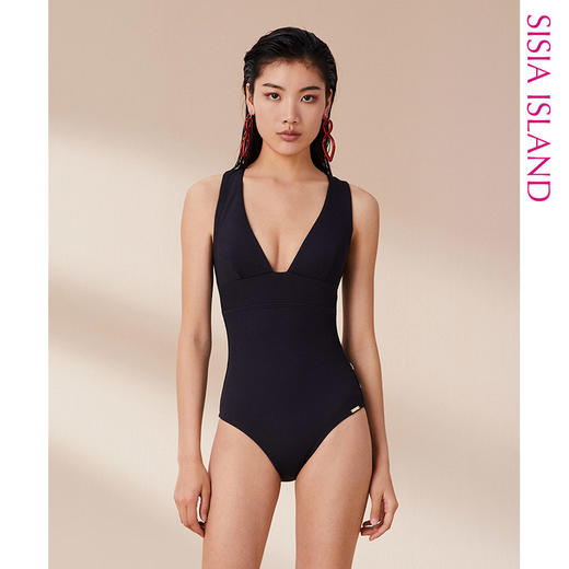 sisia泳衣女夏2021新款黑色时尚性感v领显瘦遮肚连体泳衣仙气ins 商品图0