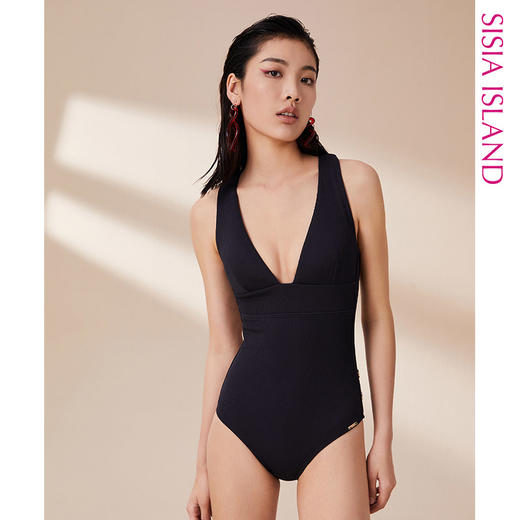 sisia泳衣女夏2021新款黑色时尚性感v领显瘦遮肚连体泳衣仙气ins 商品图2