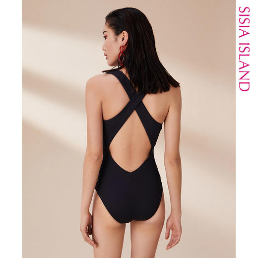 sisia泳衣女夏2021新款黑色时尚性感v领显瘦遮肚连体泳衣仙气ins 商品图1