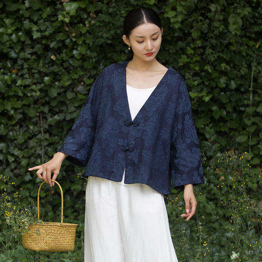 春夏棉麻大提花复古中式盘扣短上衣外套R210230嚭 商品图0