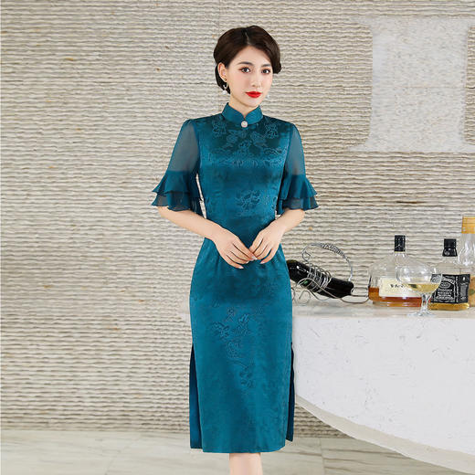 上海旗袍厂TZRY-21022新款朦胧美袖民族风品质款改良宴会礼服日常真丝花罗时尚旗袍 商品图0