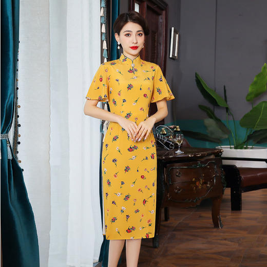 上海旗袍厂TZRY-21017新款复古优雅品质款宴会礼服日常真丝双邹印花改良黄色旗袍 商品图0