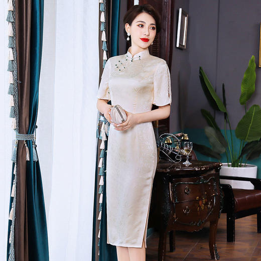 上海旗袍厂TZRY-21015新款复古中国风品质款时尚个性名媛款真丝改良优雅小清新旗袍 商品图0