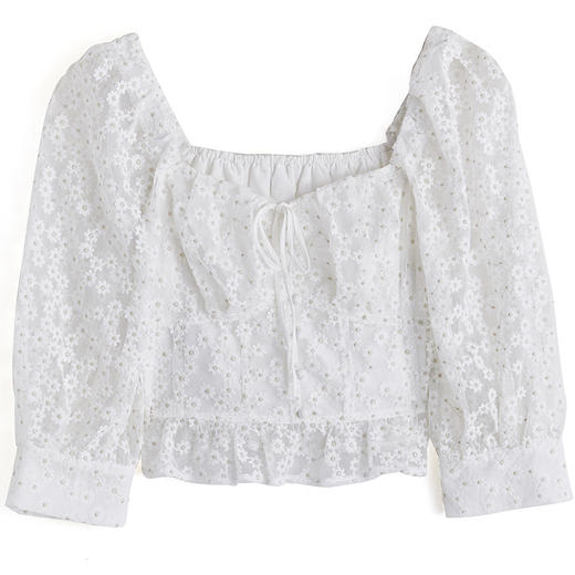 西遇白色女设计感小众法式短袖方领赫本风泡泡袖上衣女夏10910629 商品图4