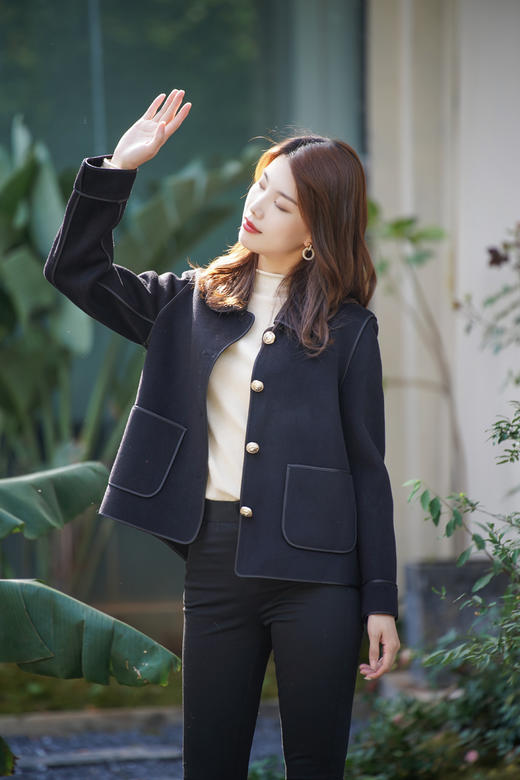 臣禾【100%绵羊毛】【1件穿3季】贴袋包边单排扣翻领短款小个子羊毛呢大衣9234080526 商品图3