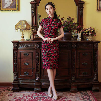 XL-151 2021年春夏新款老上海复古民族唐装中式中长款棉质旗袍裙连衣裙 商品图0
