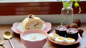 胚芽燕麦糊/珍珠奶茶蛋糕卷/黑糯玉米/水煮蛋/妃子笑【我用早餐叫醒你-27】