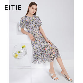 EITIE爱特爱夏季新款时尚洋气荷叶边镂空开叉印花连衣裙6207971