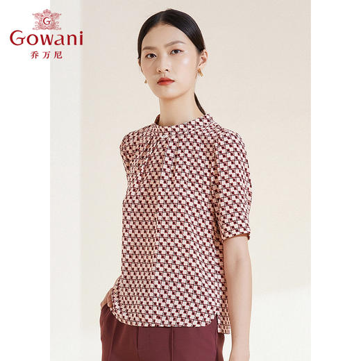 乔万尼真丝衬衫小立领珍珠格纹设计感短袖衬衣EI2C749 商品图1