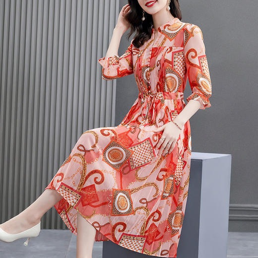 YXJR2938新款时尚气质法式小立领喇叭袖长款雪纺碎花连衣裙 商品图1