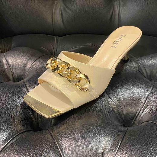 lfgj jeans BK204 夏季新款细跟中跟拖鞋韩版百搭高跟女鞋金属链方头凉拖 商品图0