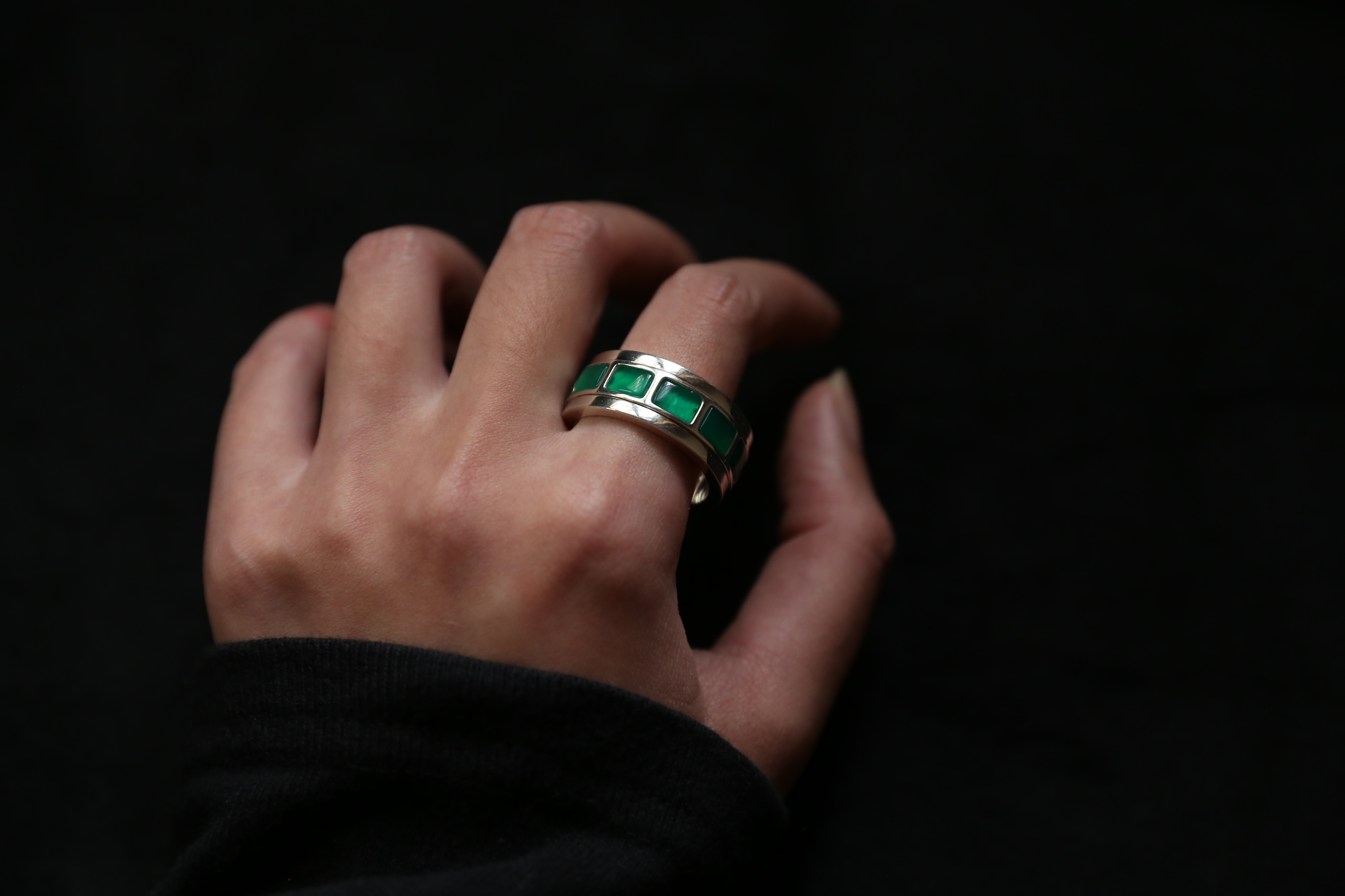 Boque d+ 宝趣定制原创设计925银绿玛瑙转运轮戒指《克里斯蒂安》