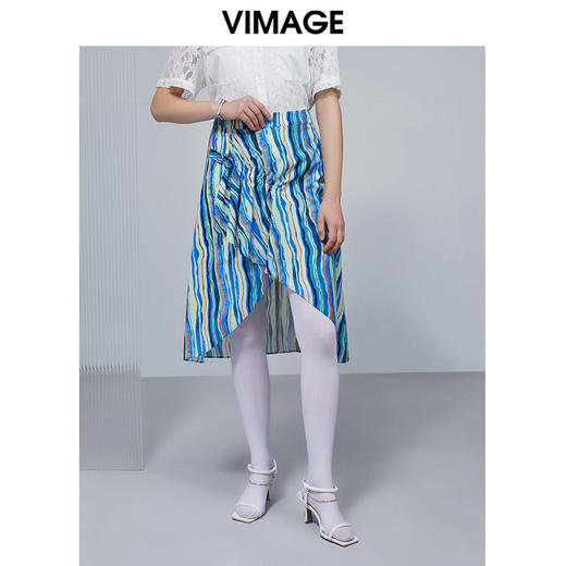 VIMAGE纬漫纪高腰彩色印花半身裙夏褶皱伞裙半裙V1506114 商品图2