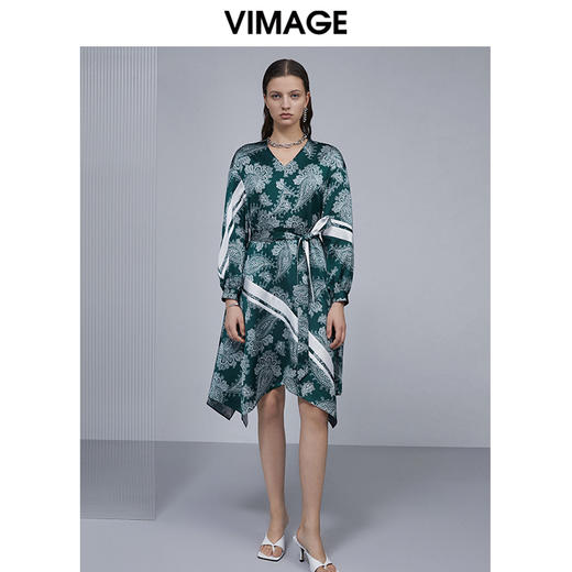 VIMAGE纬漫纪V领复古显瘦腰带撞色长袖连衣裙V1507118连衣裙V1507118 商品图0