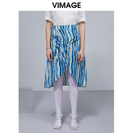 VIMAGE纬漫纪高腰彩色印花半身裙夏褶皱伞裙半裙V1506114 商品图0