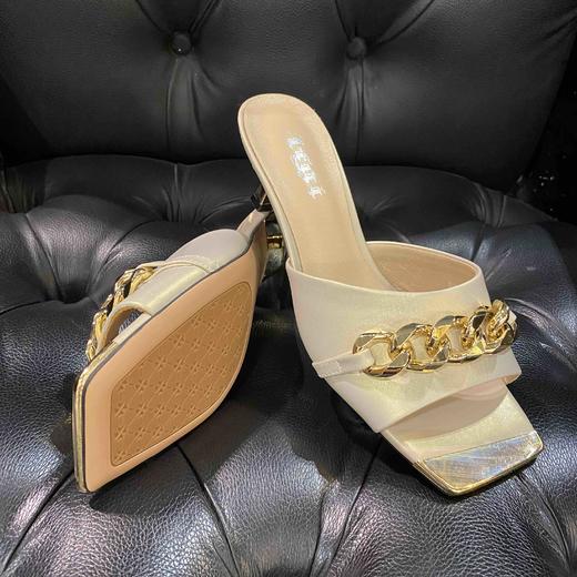 lfgj jeans BK204 夏季新款细跟中跟拖鞋韩版百搭高跟女鞋金属链方头凉拖 商品图4