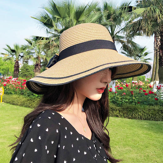 草帽女夏季户外出游海边防晒遮阳草帽蝴蝶结折叠沙滩韩版大沿帽子 商品图2