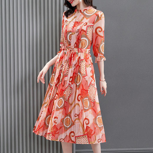 YXJR2938新款时尚气质法式小立领喇叭袖长款雪纺碎花连衣裙 商品图2