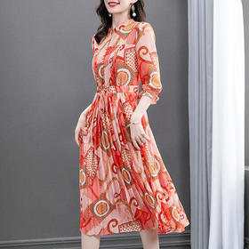 YXJR2938新款时尚气质法式小立领喇叭袖长款雪纺碎花连衣裙