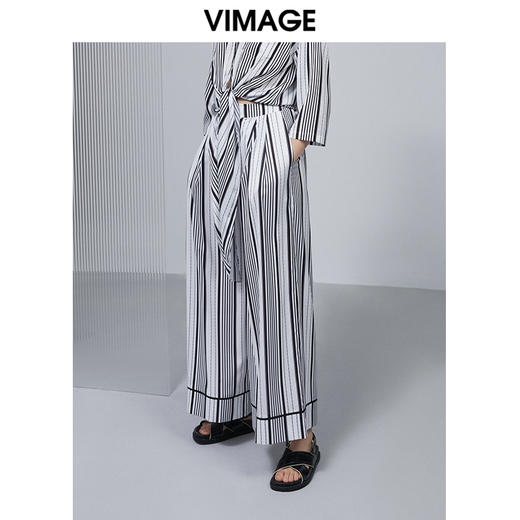 VIMAGE纬漫纪夏季舒适宽松新款撞色拼接高腰阔腿裤V1505123裤子 商品图2