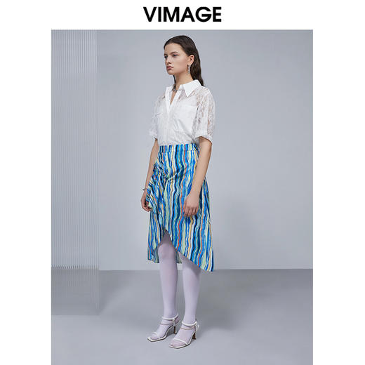 VIMAGE纬漫纪高腰彩色印花半身裙夏褶皱伞裙半裙V1506114 商品图1