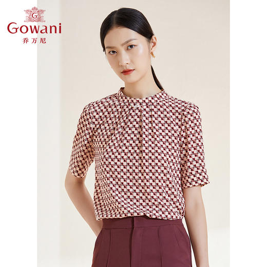 乔万尼真丝衬衫小立领珍珠格纹设计感短袖衬衣EI2C749 商品图2