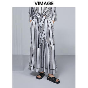 VIMAGE纬漫纪夏季舒适宽松新款撞色拼接高腰阔腿裤V1505123裤子