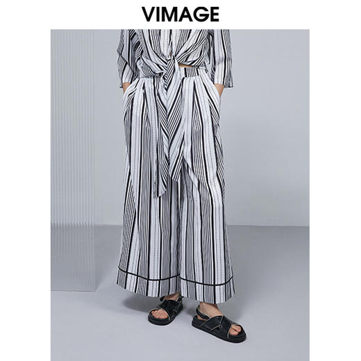 VIMAGE纬漫纪夏季舒适宽松新款撞色拼接高腰阔腿裤V1505123裤子 商品图0