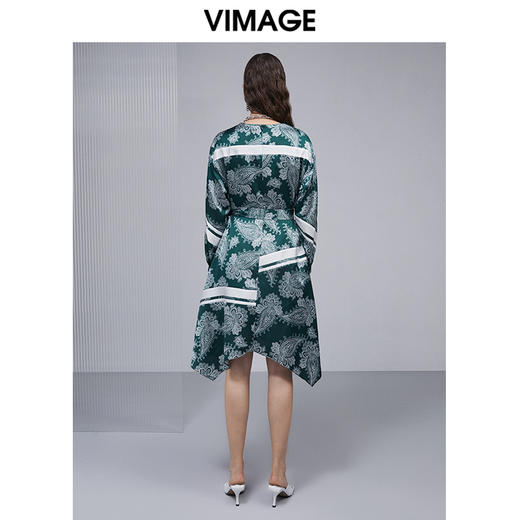 VIMAGE纬漫纪V领复古显瘦腰带撞色长袖连衣裙V1507118连衣裙V1507118 商品图3