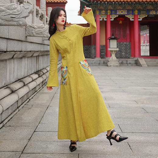 飞琼绣花复古连衣裙 | 长短袖可选 | 藏蓝色 黄色 红色 商品图1