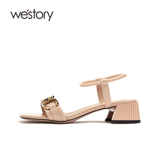 westory女鞋2021夏季新款漆皮水钻粗跟一字带凉鞋外穿S21BG60921 商品图1