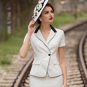 IWY/时尚白色条纹西装套装女士正装职业装女装名媛气质西服套裙CS0391