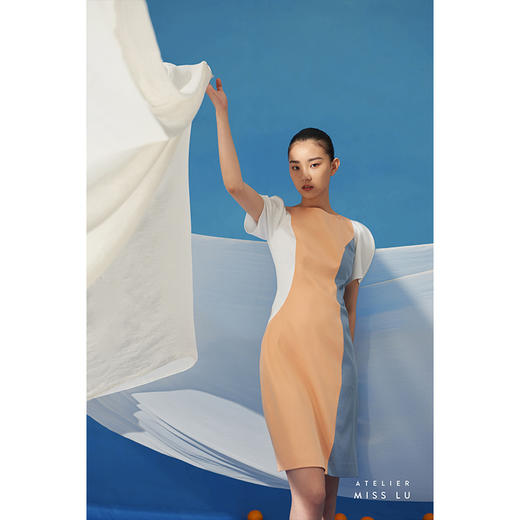 【泡泡云雾】不规则撞色拼接遮肉泡泡袖修身连衣裙/0000713 商品图1