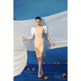 【泡泡云雾】不规则撞色拼接遮肉泡泡袖修身连衣裙/0000713