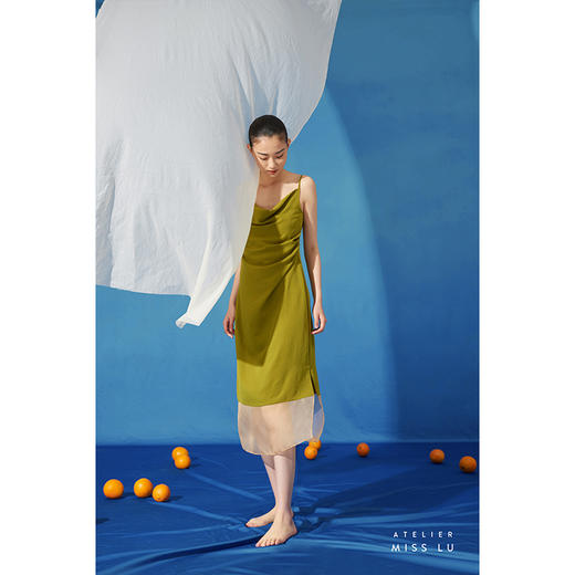 【绿野】少女感垂褶设计拼纱显瘦吊带连衣裙/0000712 商品图1