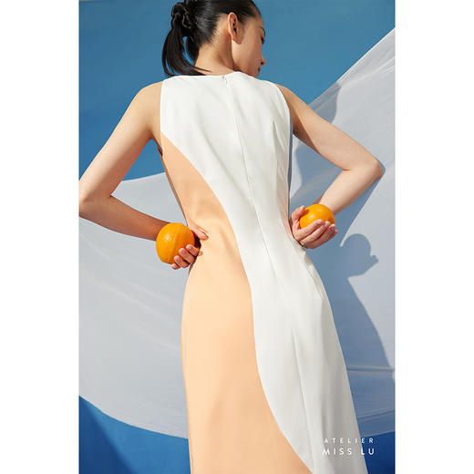 【月之雫】少女感不规则撞色拼接显瘦修身连衣裙/0000714 商品图3