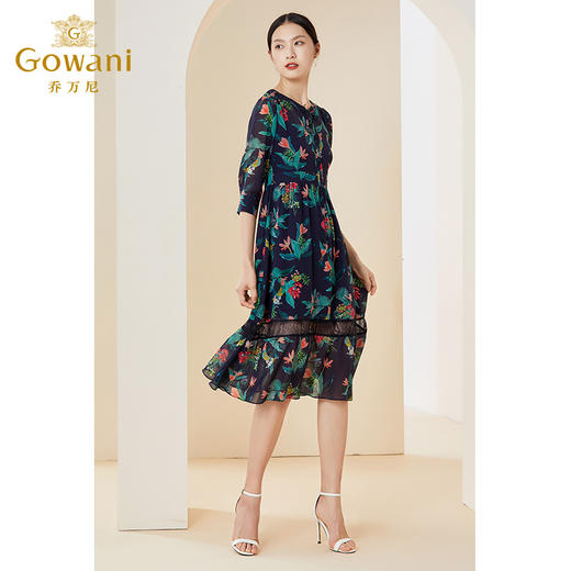 乔万尼新款真丝连衣裙系带拼接设计感优雅EI2E803 商品图1